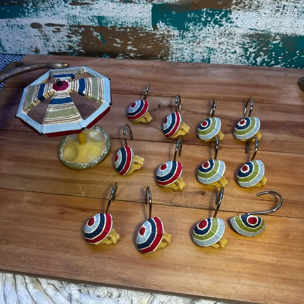 Vintage Croscill Shower Curtain Hooks 12 beach umbrellas and toothbrushes holder